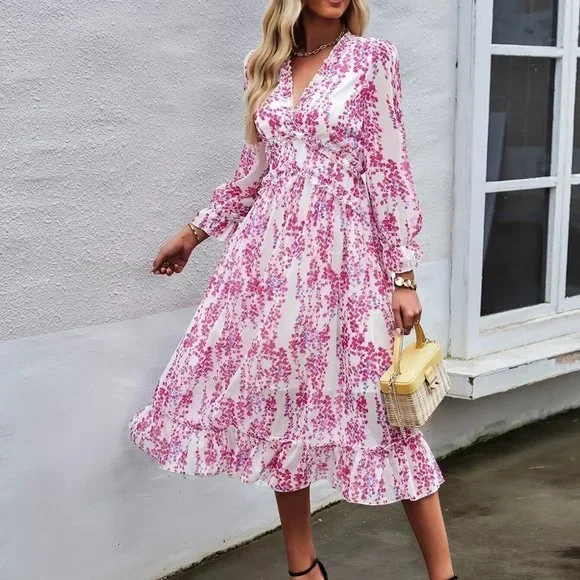 Pink Boho Womens Floral Print Flounce Sleeve Ruffle Hem Dress - Picture 4 of 5